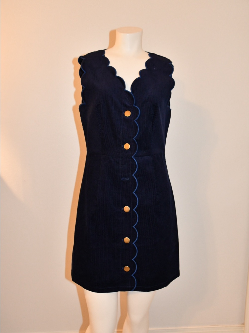 NWT La Lavon Navy Scallop-Trim Mini sleeveless corduroy Dress with Gold Buttons